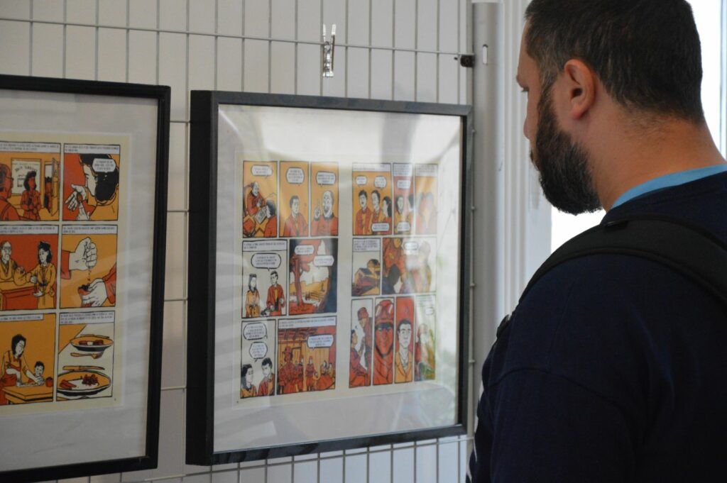 Un visiteur profite de l'exposition de planches